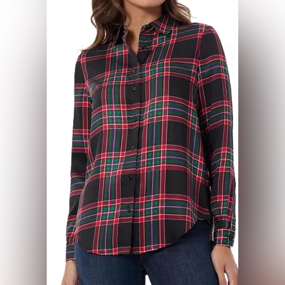 Jones New York Red Plaid Holiday‎ Button Down Blouse M
